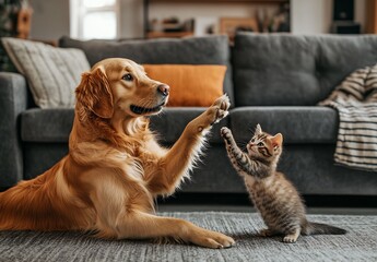 Poster - Delightful Scene of a Golden Retriever and a Stripey Kitten Playfully Interacting in a Bright Living Room : Generative AI