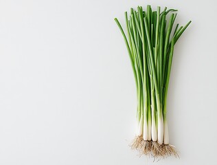 Aufkleber - Freshly harvested bunch of green onions on white surface with roots visible for culinary inspiration and healthy eating : Generative AI