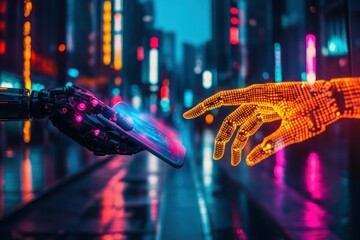 Poster - Futuristic Interaction between Robotic Arm and Digital Hand in Neon Cityscape at Night