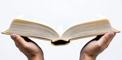 Poster - Person holding a well used open book showing textured pages on a white background : Generative AI