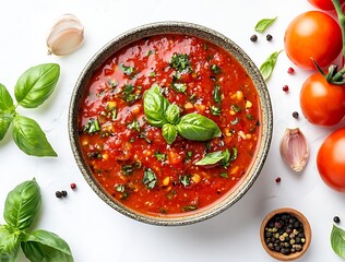 Poster - Fresh homemade tomato sauce with vibrant basil garlic and spices in a rustic bowl : Generative AI