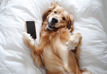 Poster - Joyful dog with orange smartphone and headphones resting on soft white pillow : Generative AI