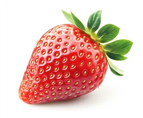 Aufkleber - Fresh ripe strawberry with water droplets highlighting its vibrant red color and green leaves : Generative AI