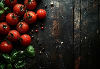 Poster - Fresh vine ripened tomatoes with basil and spices beautifully arranged on a wooden backdrop : Generative AI