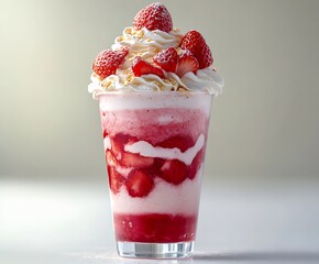 Poster - Delicious strawberry dessert topped with whipped cream in a clear glass for summer refreshment : Generative AI