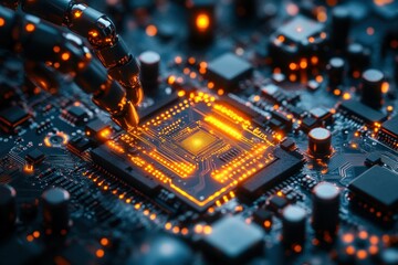 Poster - Futuristic Robot Arm Interacting with Digital Circuit Board and Microchip Components