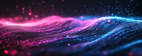 Poster - Colorful abstract wave patterns showcasing vibrant pink and blue tones with glimmering sparkles in dark background : Generative AI