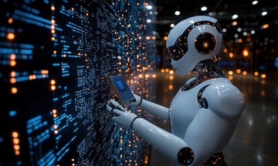 Poster - Robot with tablet interacting with digital data in a futuristic technology environment