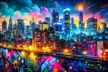 Poster - Double Exposure Urban Graffiti Art: Spray Paint Lettering & Cityscape