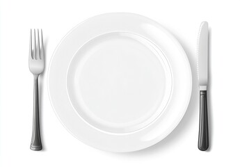 Poster - Elegant white plate setting with fork and knife ready for dining experience : Generative AI