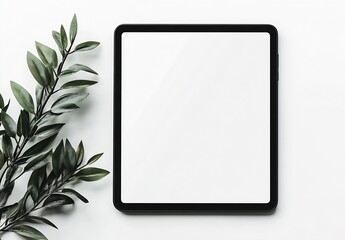 Poster - Minimalist flat lay of a blank tablet with greenery creating a calm modern workspace atmosphere : Generative AI
