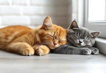 Aufkleber - Two adorable cats an orange tabby and grey feline cuddling peacefully in a welllit room : Generative AI