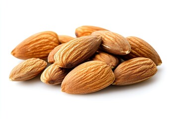 Poster - Raw organic almonds scattered on a white background showcasing their natural texture : Generative AI