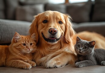Poster - Friendly Golden Retriever Surrounded by Two Cats in a Cozy Living Room : Generative AI