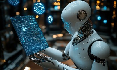 Poster - Futuristic Robot Analyzing Digital Data in a High-Tech Environment with Soft Lighting