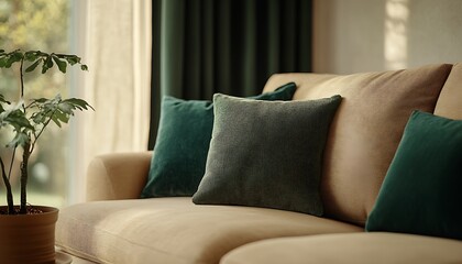 Aufkleber - Stylish Couch with Green Cushions and Potted Plant Creating a Calm Indoor Atmosphere : Generative AI