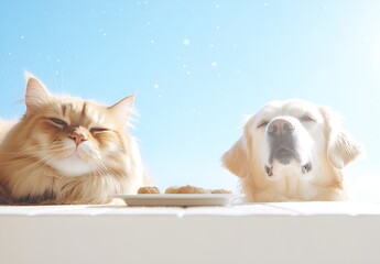 Poster - Cute Cat and Dog Sharing a Moment Together with Food Under a Bright Blue Sky : Generative AI