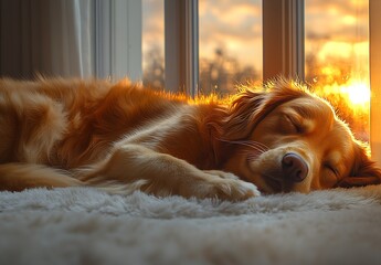 Poster - Golden retriever peacefully sleeping by the window while sunset casts warm light : Generative AI