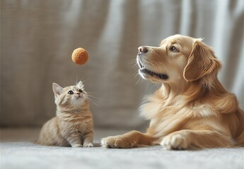 Poster - Golden retriever and playful kitten share a joyful moment with a bouncing ball indoors : Generative AI