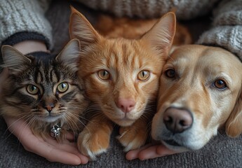 Poster - Three adorable pets a tabby cat a ginger cat and a golden retriever dog sharing a warm moment together : Generative AI