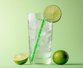 Aufkleber - Refreshing lime soda served in a tall glass with a straw garnished with a fresh lime slice : Generative AI