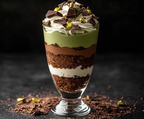Poster - Elegant dessert with green matcha cream and chocolate topping in a stylish glass : Generative AI