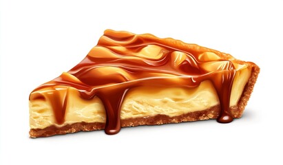 Poster - Rich and creamy caramel cheesecake slice drizzled with smooth caramel sauce on a white background : Generative AI