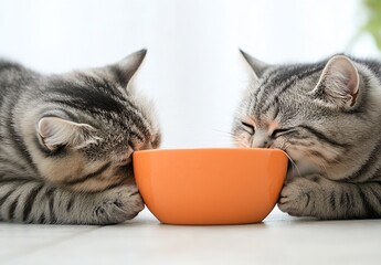 Poster - Two gray cats enjoying their meal with playful interaction at home : Generative AI