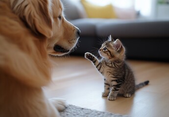 Poster - Playful Kitten Reaching Out to Affectionate Golden Retriever in Living Room : Generative AI