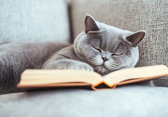 Poster - Sleepy gray cat napping on a soft couch with an open book showcasing its cozy lifestyle : Generative AI