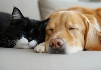 Poster - Golden retriever and black and white cat sleeping peacefully together on a couch : Generative AI