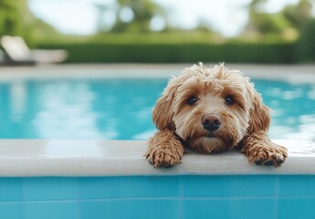 Poster - Cute fluffy dog relaxing by the poolside enjoying the sunny weather in a tranquil outdoor setting : Generative AI