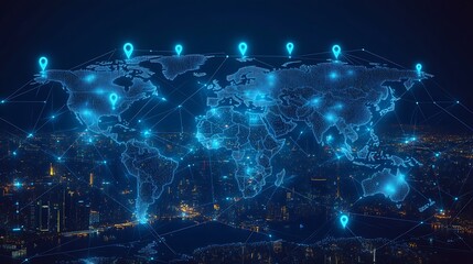 Poster - Futuristic digital world map illustration with glowing network connections highlighting global communication : Generative AI