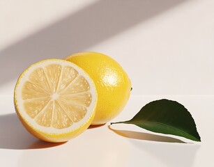 Poster - Fresh yellow lemons cut in half revealing juicy interior next to a green leaf on a white table : Generative AI