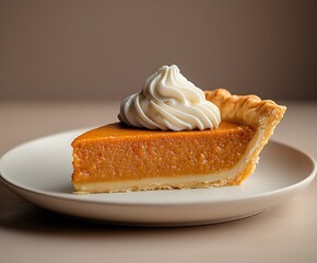 Poster - Delicious slice of pumpkin pie topped with whipped cream on a cream plate : Generative AI