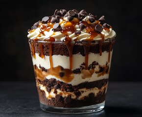 Poster - Tempting dessert with layers of chocolate cake cream and caramel sauce served in a glass container : Generative AI