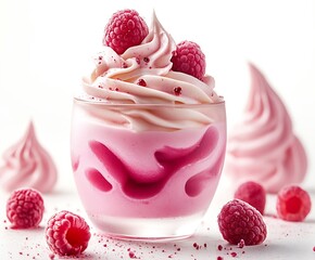 Aufkleber - Delicious Raspberry Swirl Soft Serve Ice Cream in a Glass Cup with Fresh Berries on Top : Generative AI