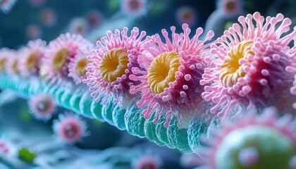 Poster - Colorful Close-Up View of Microscopic Cells with Spiky Projections in a Digital Environment