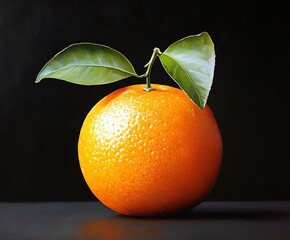 Poster - Juicy orange fruit with a single green leaf on a dark surface emphasizing its vibrant color and freshness : Generative AI