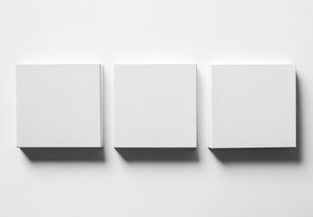 Poster - Three minimalistic square boxes in pristine white color positioned on a smooth white surface : Generative AI