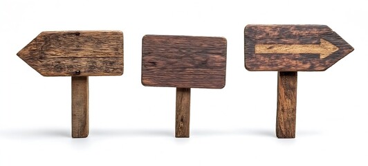 Aufkleber - Set of Three Wooden Directional Signs with Unique Designs Set Against a Clean White Background : Generative AI