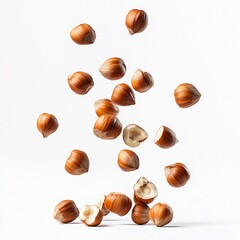 Poster - Tasty hazelnuts falling against white background perfect for healthy snacks and culinary uses : Generative AI