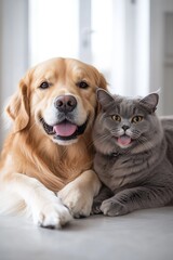 Poster - Adorable golden retriever and fluffy gray cat lounging happily together indoors : Generative AI