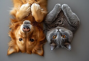Aufkleber - Playful gray cat and golden retriever dog lying upside down side by side with curious looks : Generative AI