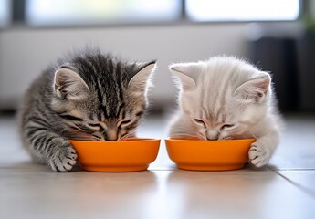 Poster - Two kittens with different fur colors sharing their food in a cheerful atmosphere : Generative AI