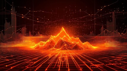Fototapete - Futuristic data visualization with glowing mountains and technical graphs against a dark background : Generative AI
