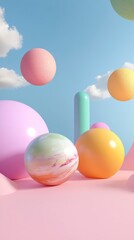 Poster - Floating Pastel Spheres and Cylinder in a Dreamy Landscape