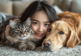 Aufkleber - Joyful woman embraces her golden retriever and fluffy cat creating a heartwarming atmosphere indoors : Generative AI