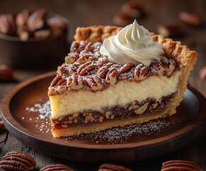 Poster - Deliciously Sweet Pecan Pie Slice with Whipped Cream Served on Rustic Wooden Table : Generative AI