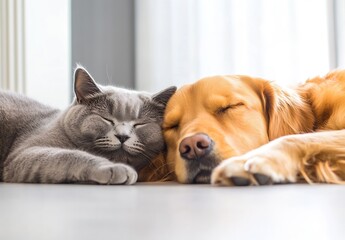 Poster - Sweet dog and cat cuddling together for a cozy nap in a sunlit living room space : Generative AI